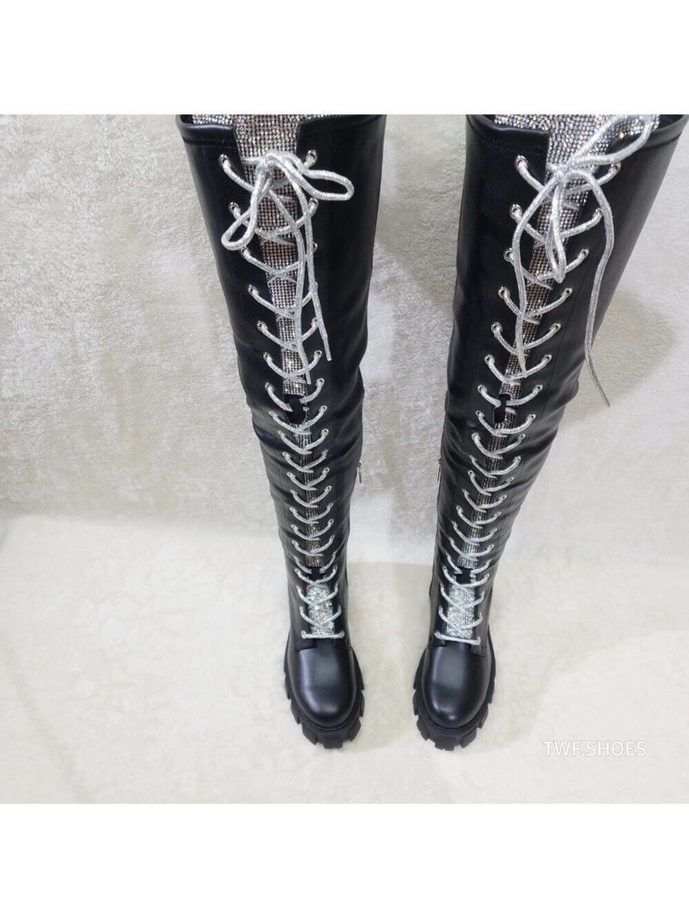 Roscoe Black Combat Thigh High Boots Iridescent Rhinestone Tongue Metallic Laces